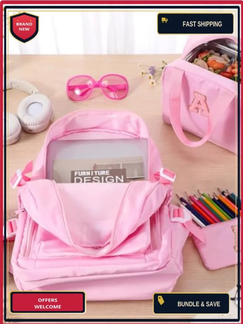 3-Piece Personalized Initial Backpack Set with Lunch Bag and Pencil Case,
